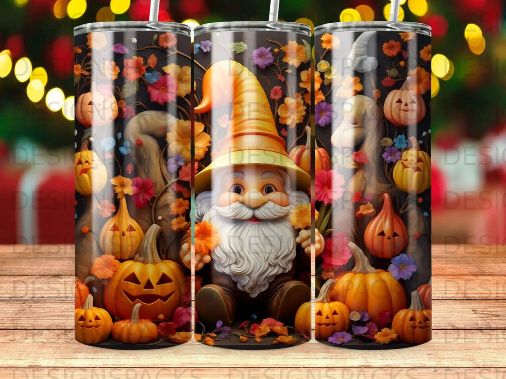 Gnome in orange hat surrounded by pumpkins, flowers, and fall foliage.