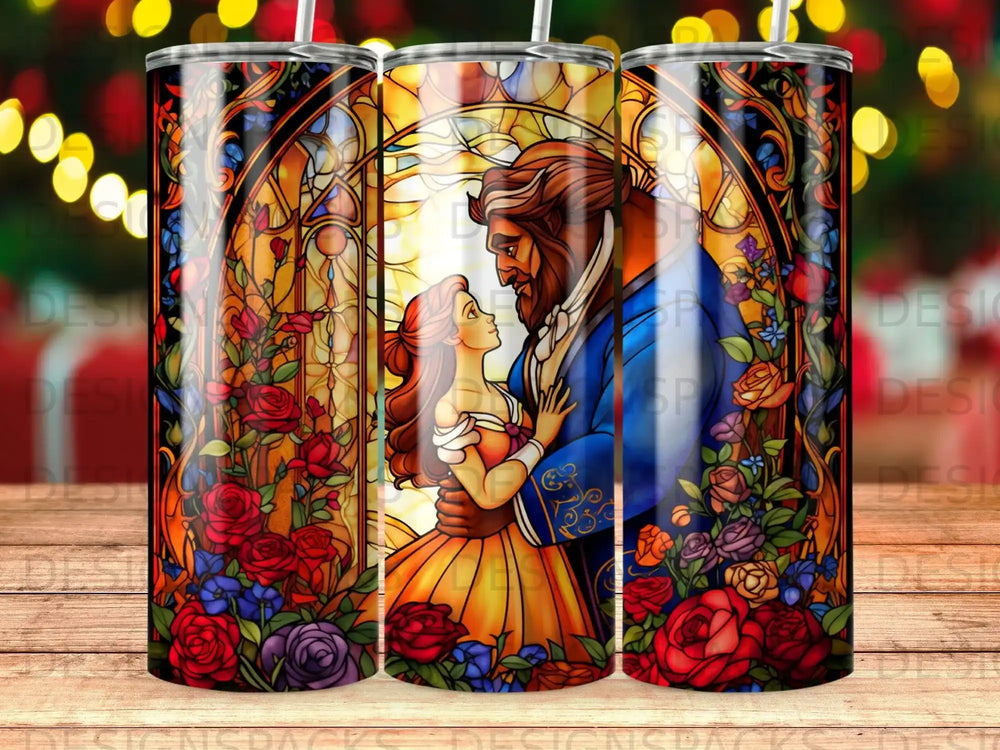 Beauty and the Beast stained glass design on a tumbler.