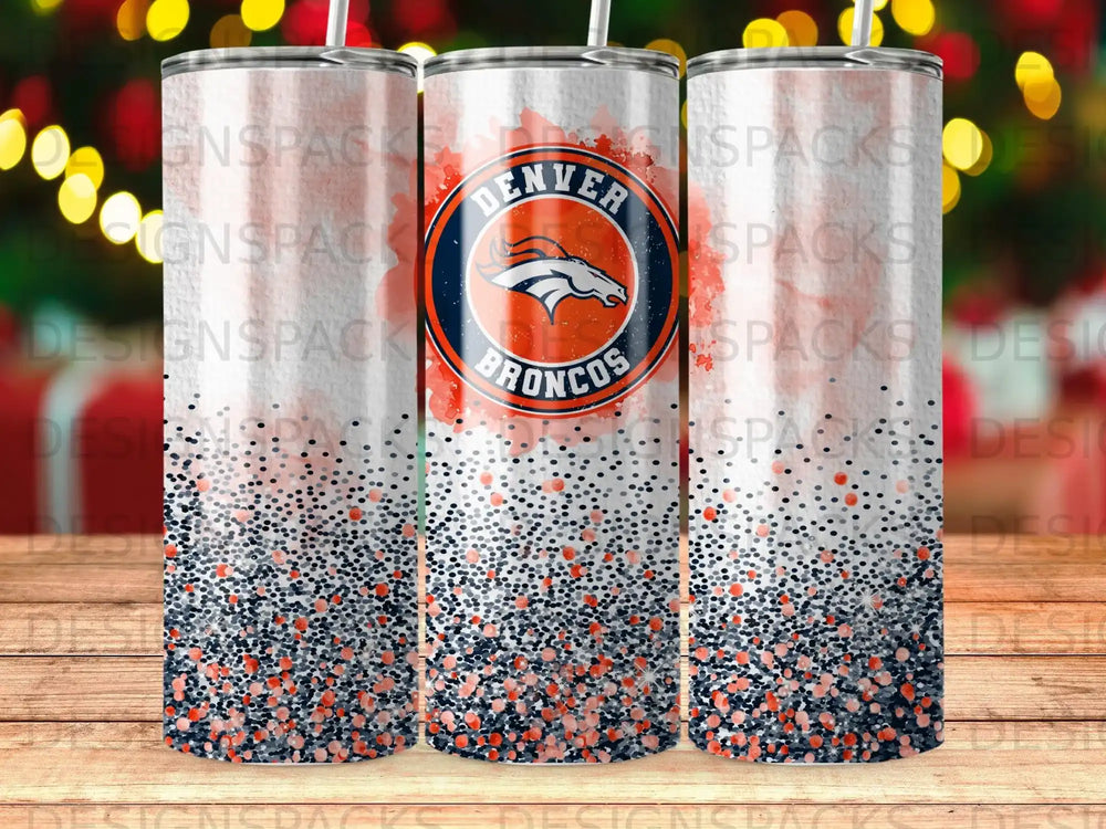 Denver Broncos tumbler with glitter design.