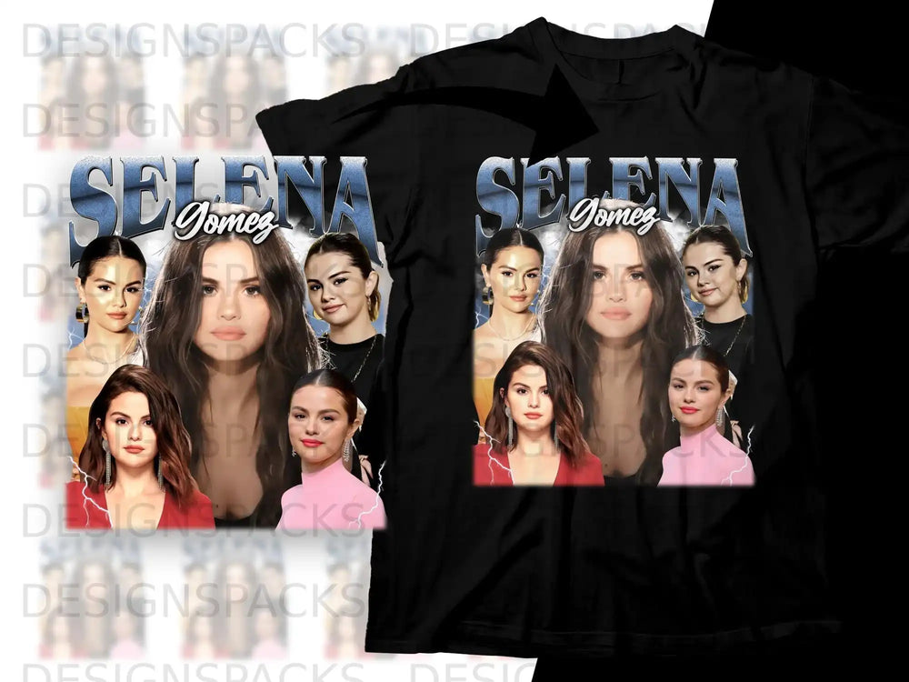 Selena Gomez collage graphic on a black t-shirt.