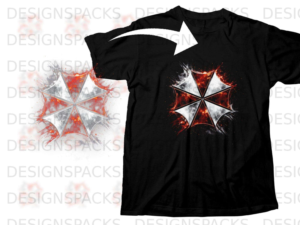 Black t-shirt with a distressed white and red umbrella corporation logo.