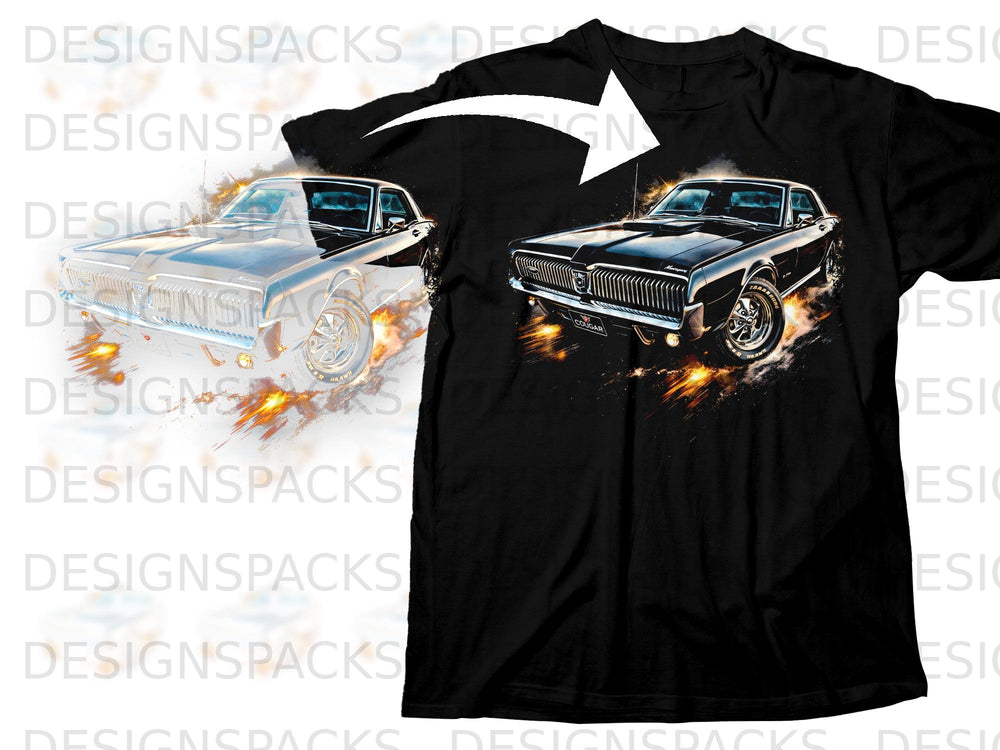 Black t-shirt with a graphic of a black 1960s Mercury Cougar with flames.