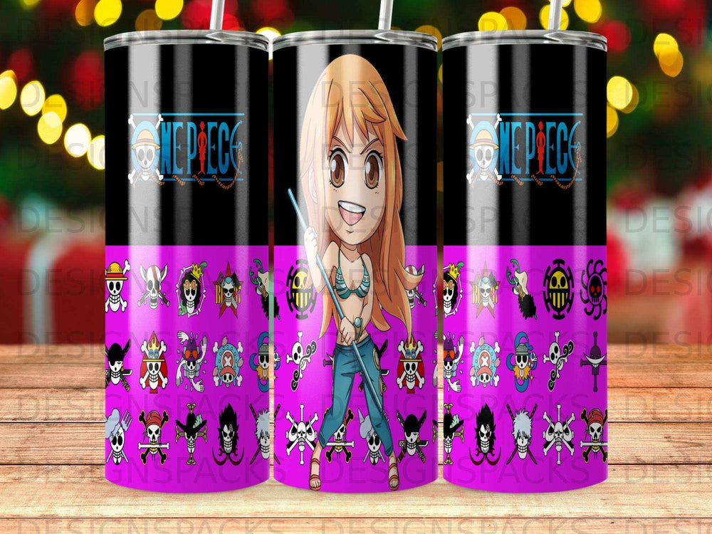 One Piece Nami character and various pirate symbols on a tumbler.