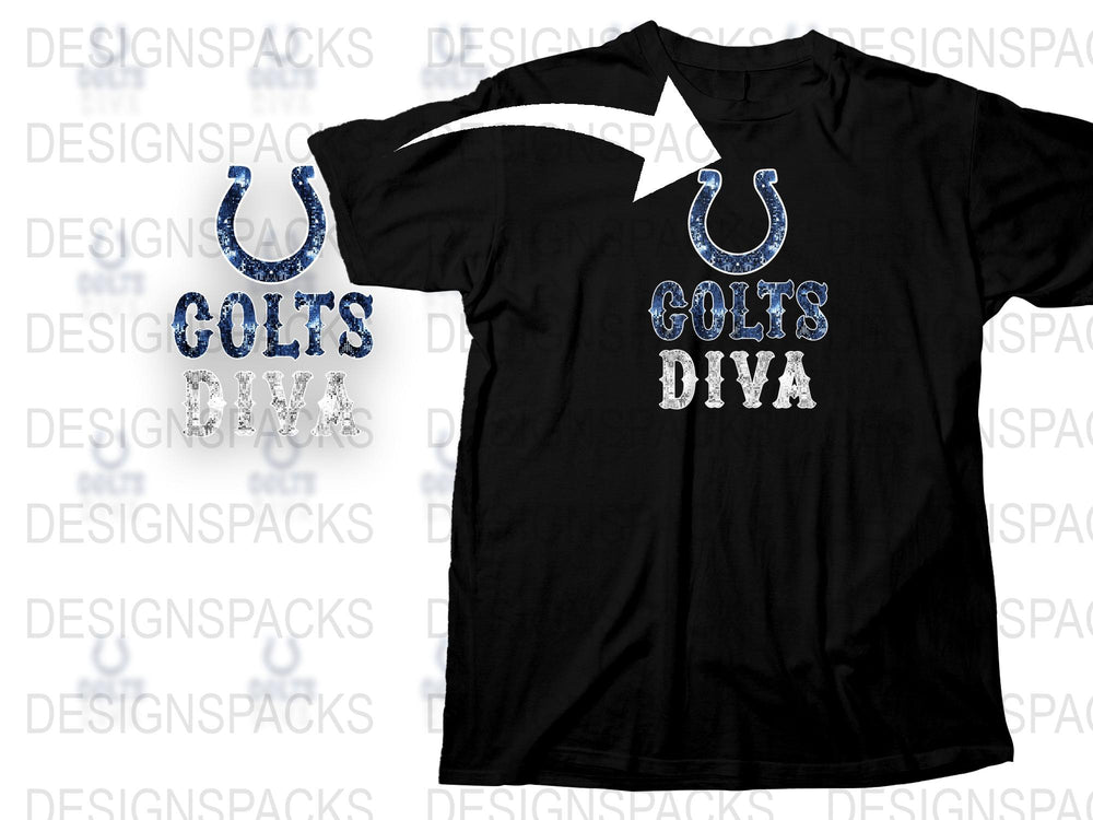 Indianapolis Colts Diva T-Shirt, Sparkly Blue Glitter, Football Fan Gear, Women's Sports Apparel