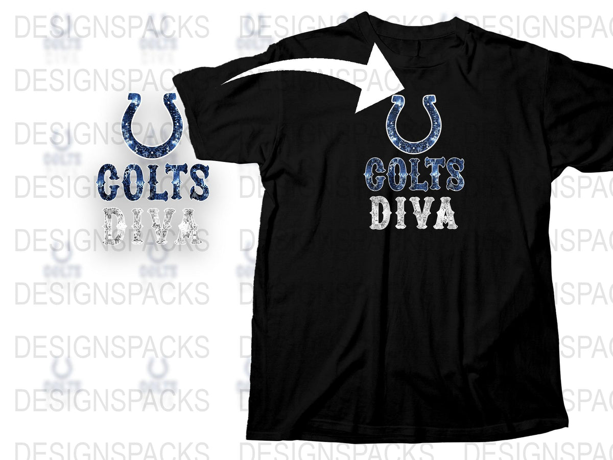 Indianapolis Colts Diva T-Shirt, Sparkly Blue Glitter, Football Fan Gear, Women's Sports Apparel