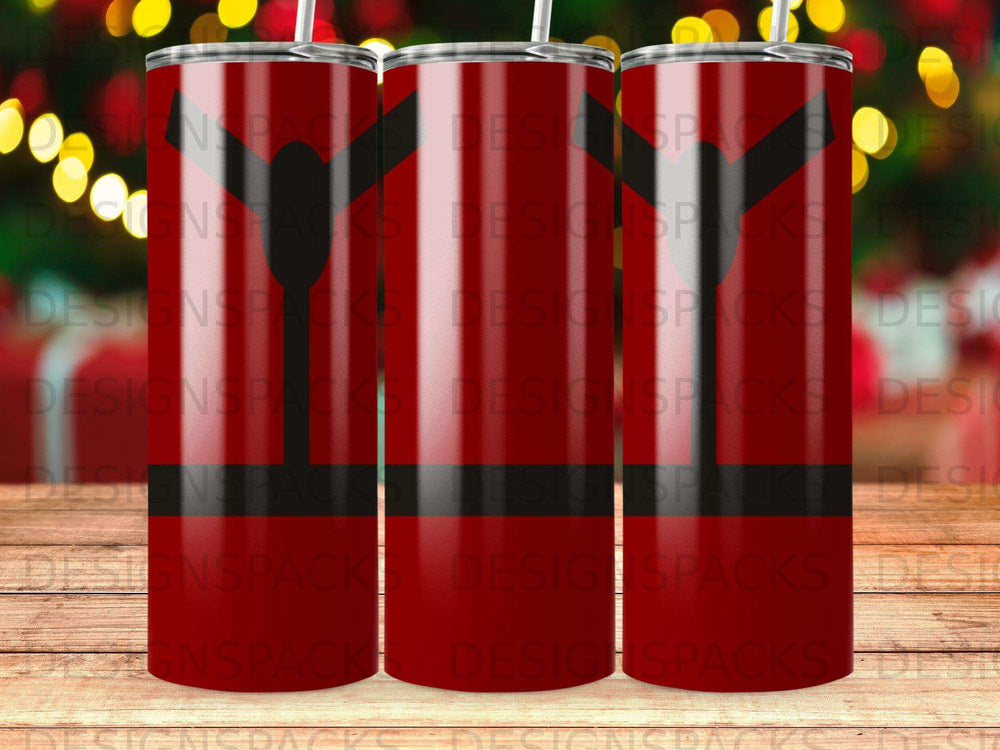 Three red tumblers with black bands and a dark pattern.