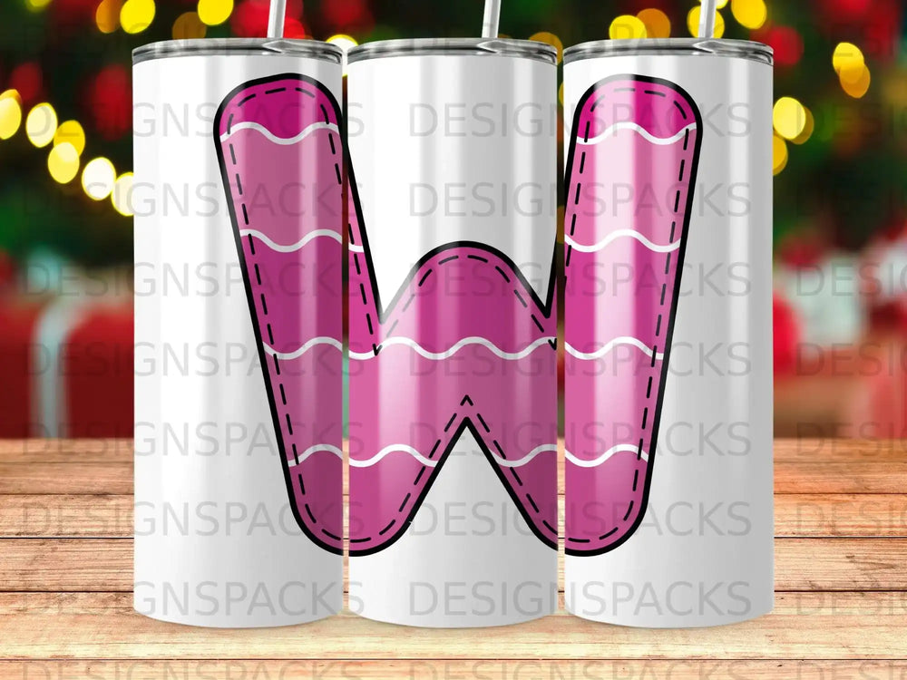 Pink W with a subtle pattern on a white tumbler background.