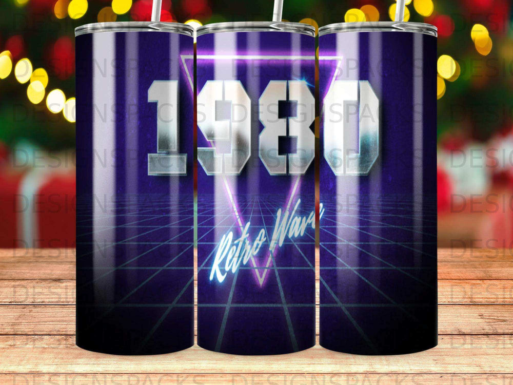 1980s retro wave design on a tumbler with neon grid background.