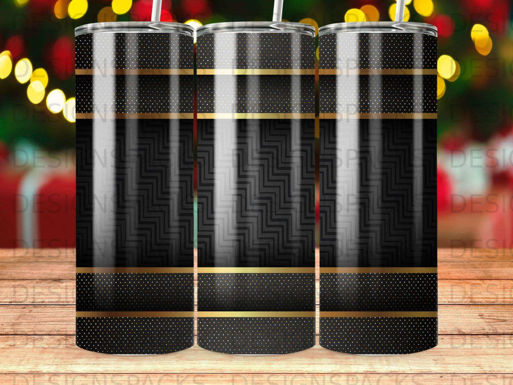 Black tumbler with gold and grey chevron and dot patterns.