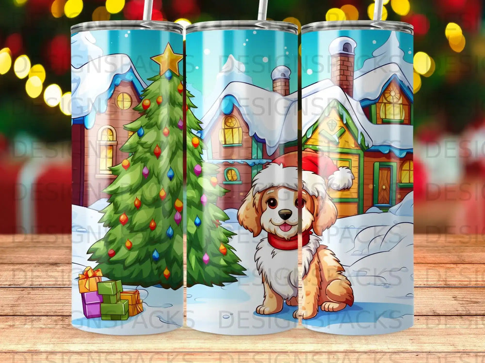 Puppy in Santa hat sits by decorated Christmas tree, snowy village background.