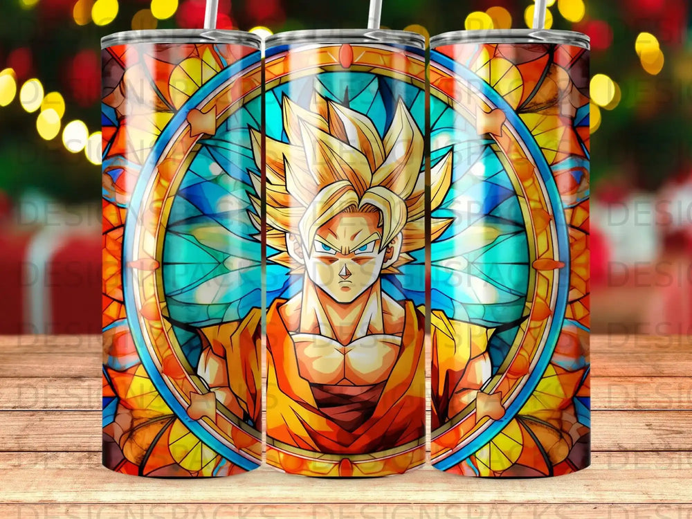 Goku in Super Saiyan form within a stained glass window, on a tumbler.