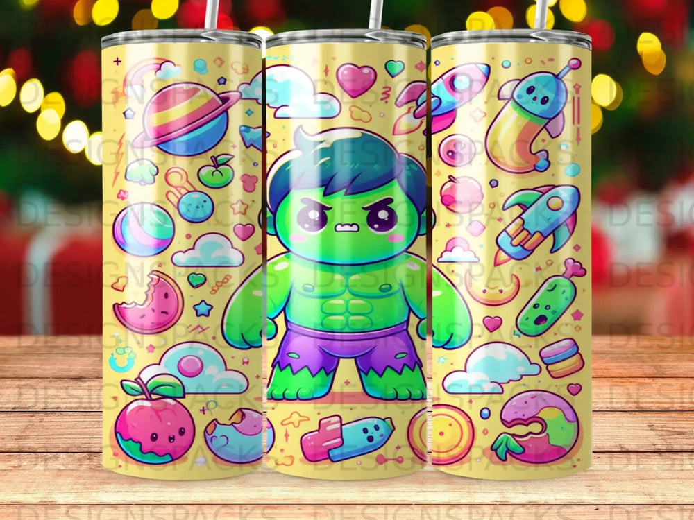 Hulk with clouds, planets, and rockets on a yellow tumbler.