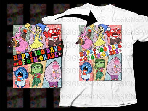 Happy 100 Days of 6th Grade T-Shirt, Colorful Cartoon Characters, Kids School Celebration Tee