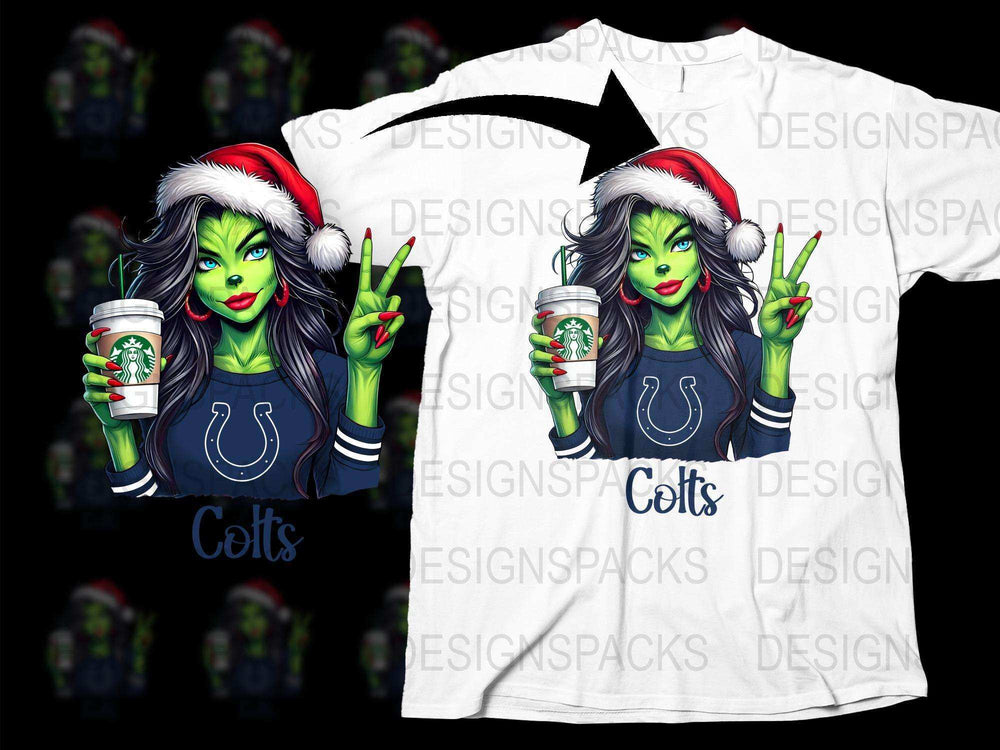 Festive Green Witch Christmas T-Shirt, Colts Fan Apparel, Holiday Coffee Lover Graphic Tee