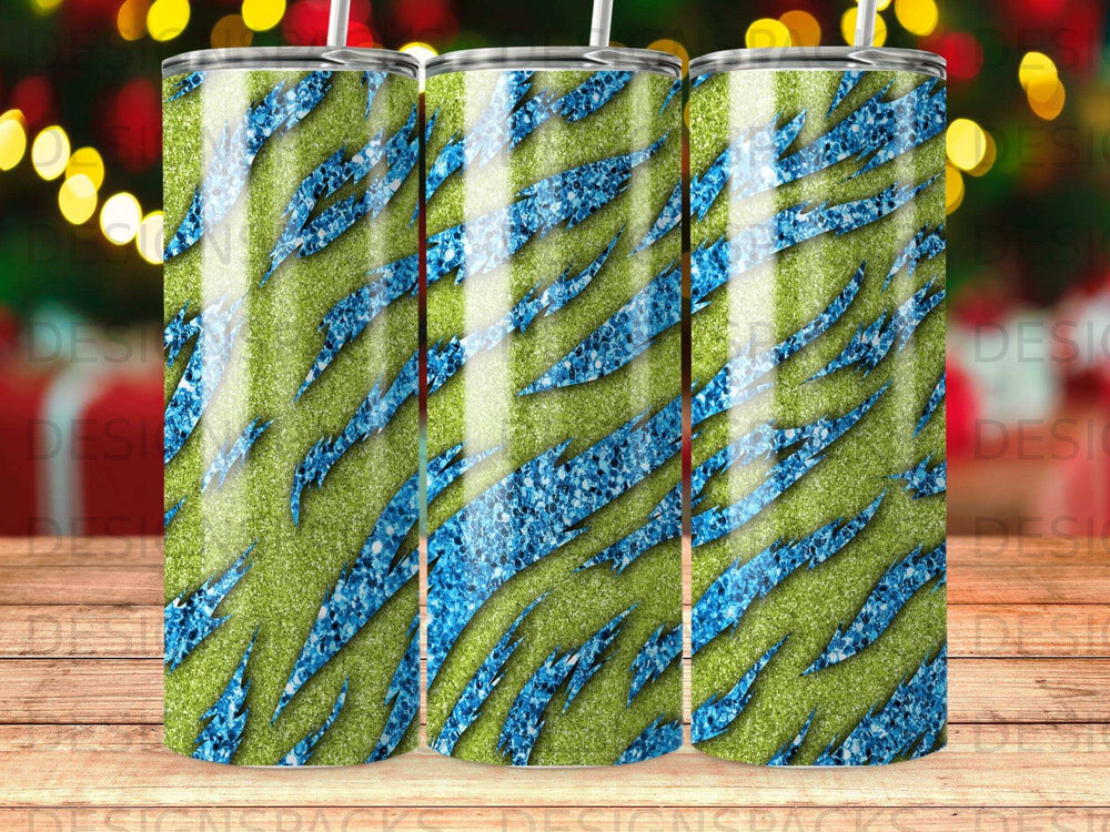 Three tumblers with green and blue glitter tiger stripe design.