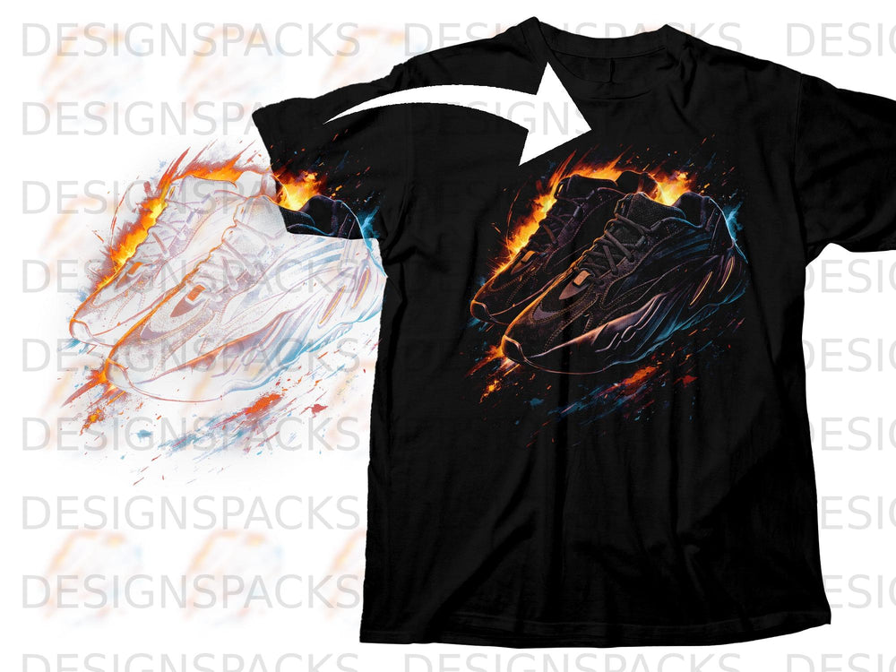 Black t-shirt with graphic of dark sneakers surrounded by fire and blue light.