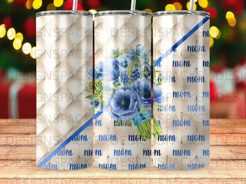 Floral bouquet with "mom" text pattern on a tumbler.