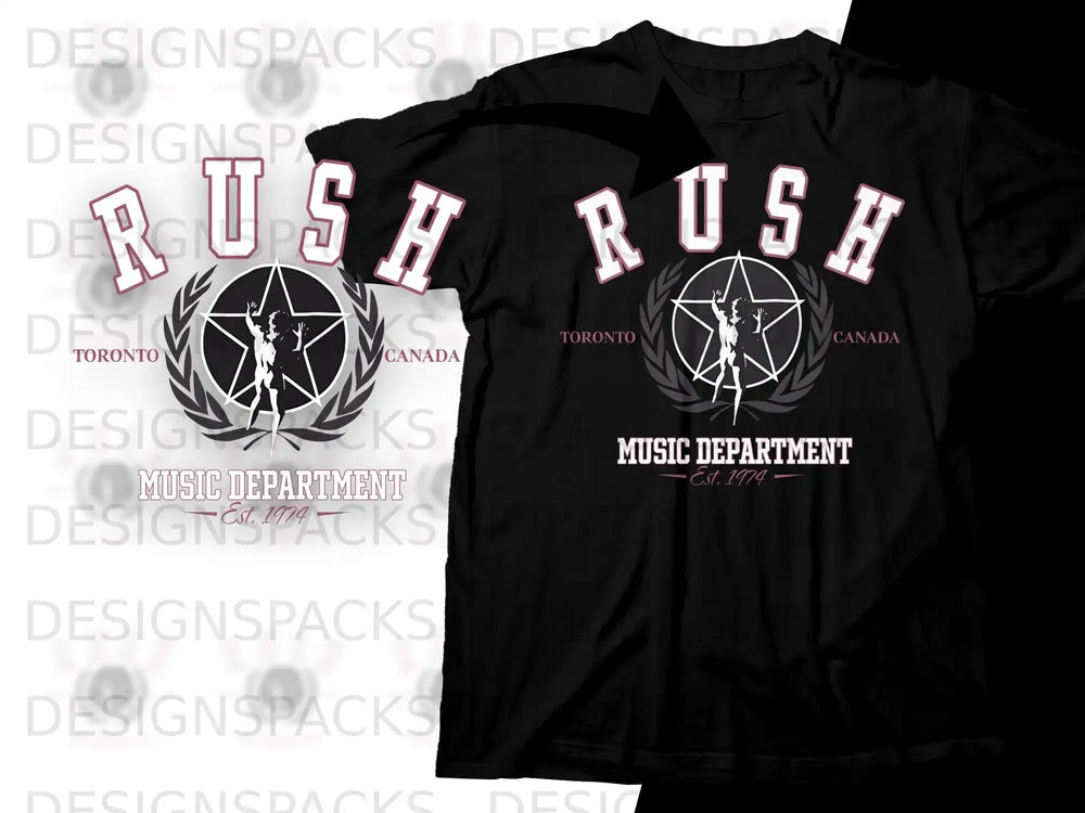 Black t-shirt with Rush's "Music Department Est. 1974" design.
