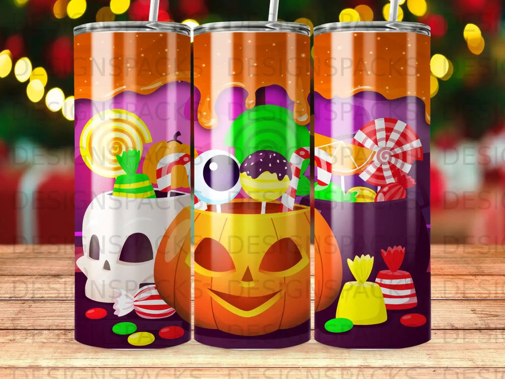 Halloween themed tumbler with candy, jack-o'-lantern, and skull designs.