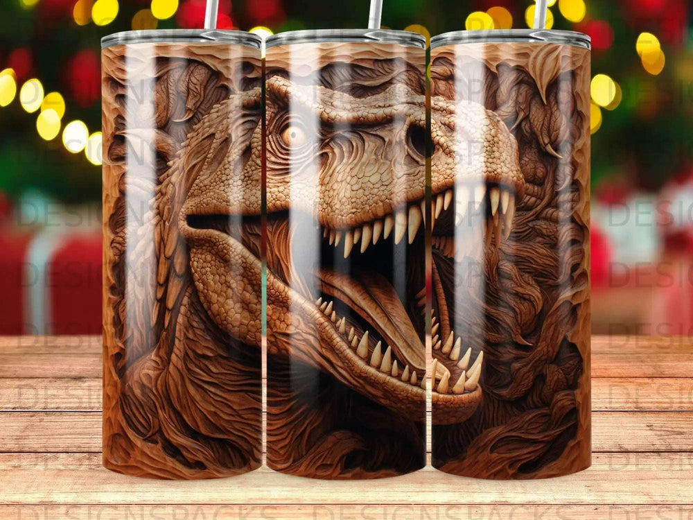 Detailed dinosaur illustration with sharp teeth and scales wraps around a tumbler.