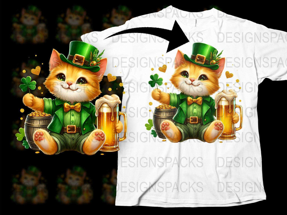 St. Patrick's Day Cat T-Shirt, Cute Kitten with Beer and Clover, Fun Holiday Graphic Tee, Unisex Adult Clothing