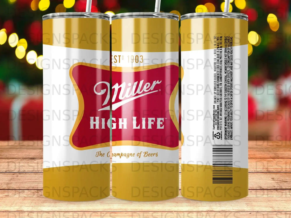 Miller High Life canned beer with "The Champagne of Beers" text.