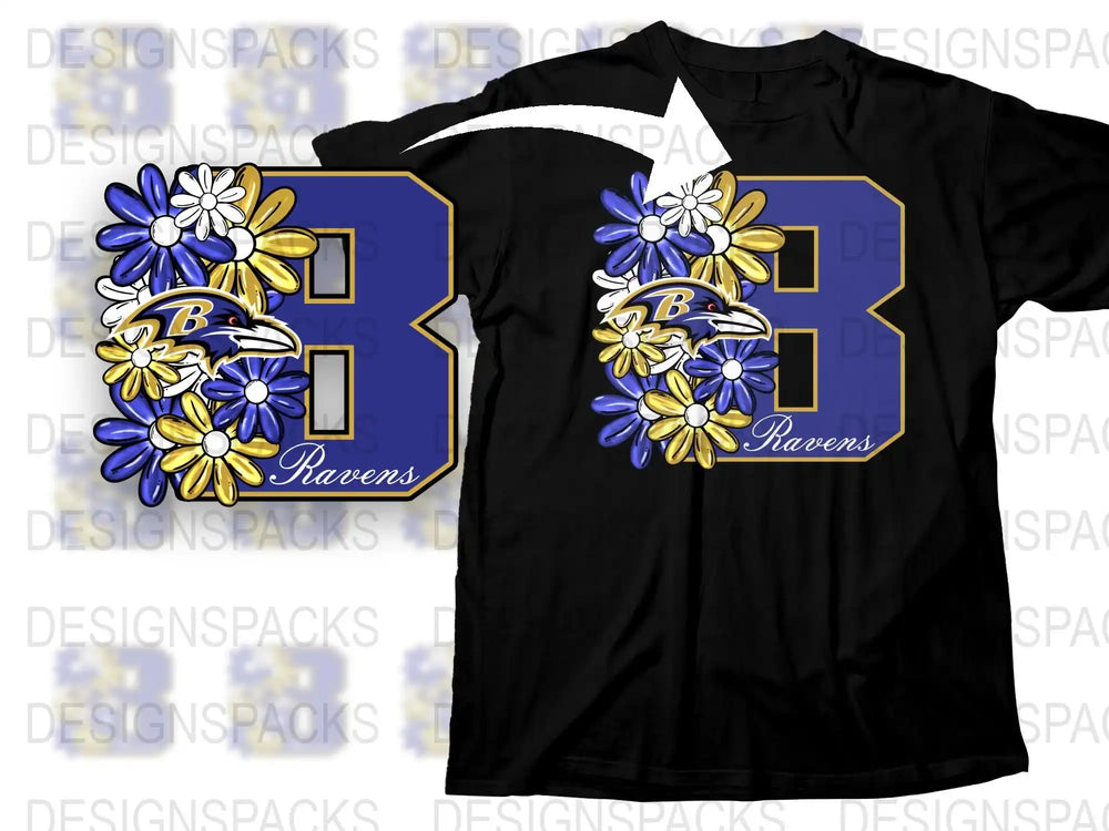 Baltimore Ravens Inspired Floral Graphic T-Shirt, Black and Blue Sports Tee, Football Fan Apparel, Unique Team Support Shirt