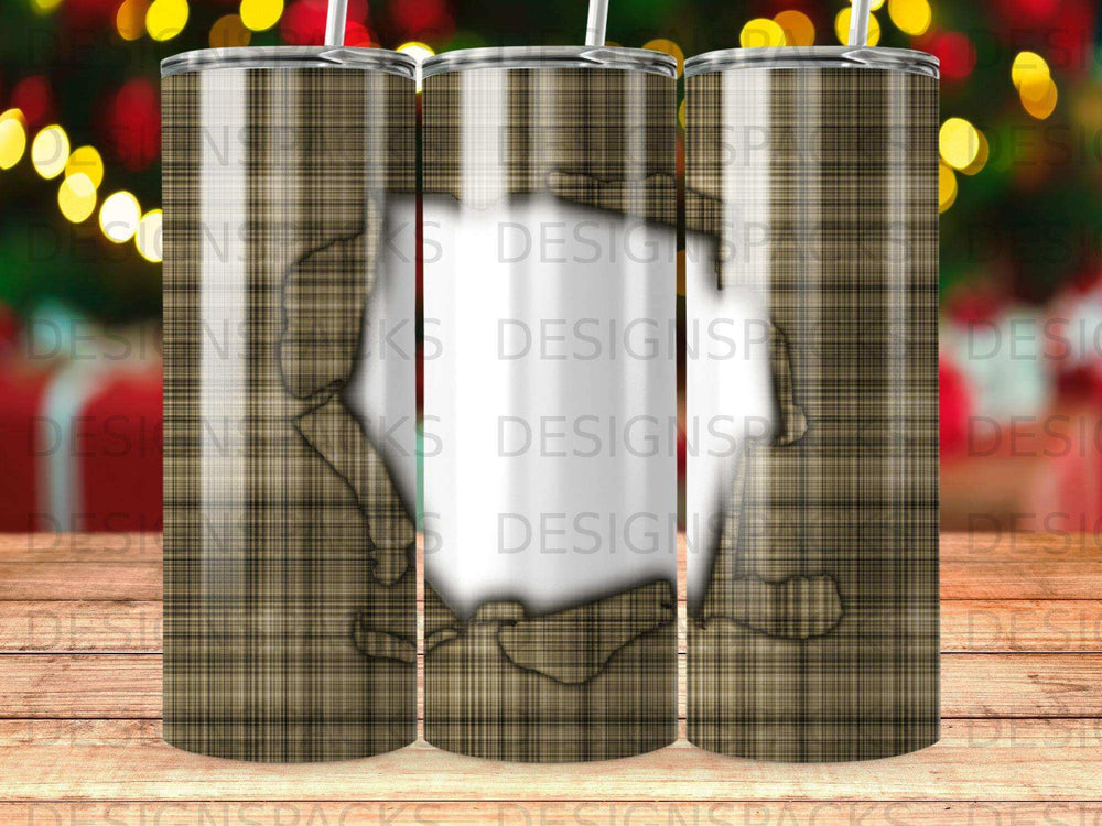 Brown plaid tumbler with distressed wood texture overlay.