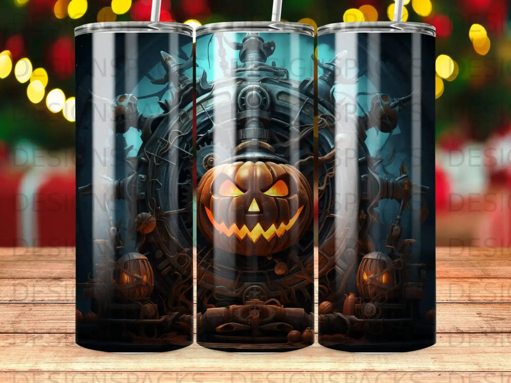 Jack-o'-lantern with gears and chains, dark Halloween theme.