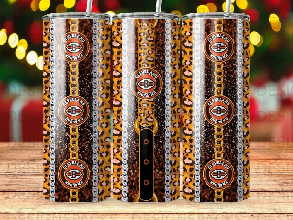 Cleveland Browns tumbler with chain and leopard print pattern.