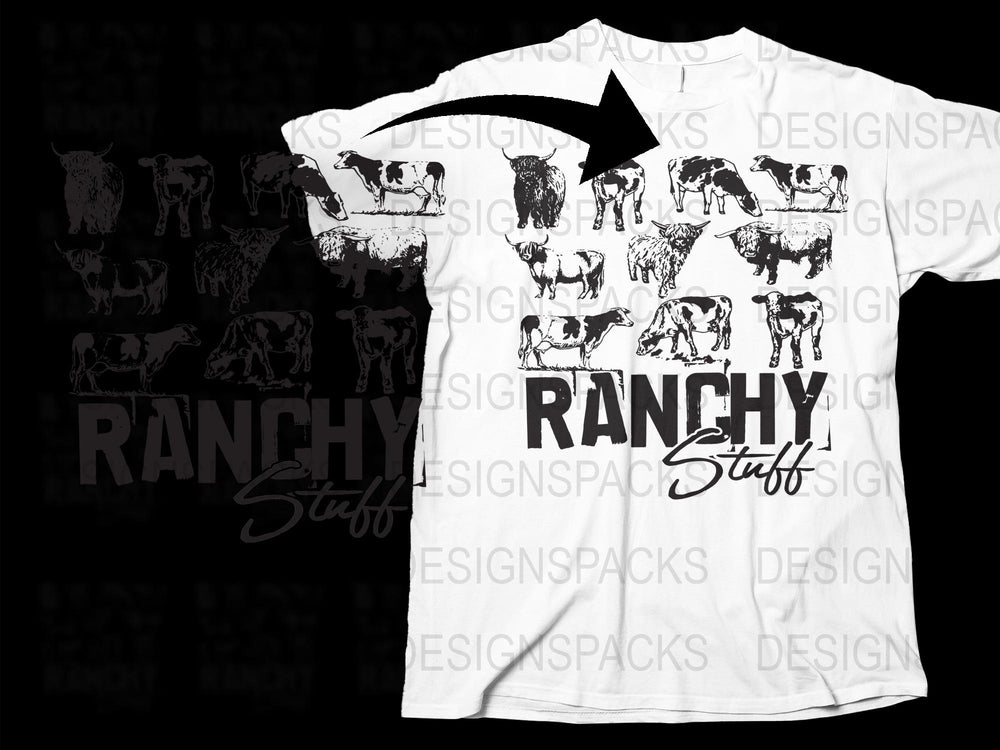 Ranchy Stuff Graphic T-Shirt, White Cow Print Tee, Unisex Farm Animal Shirt, Casual Summer Fashion Top, Unique Gift Idea