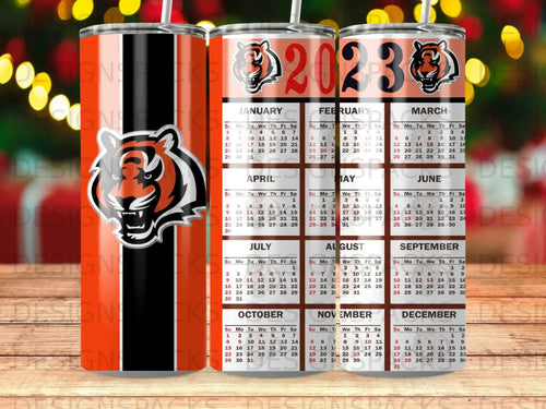 Tiger and 2023 calendar pattern on a tumbler.