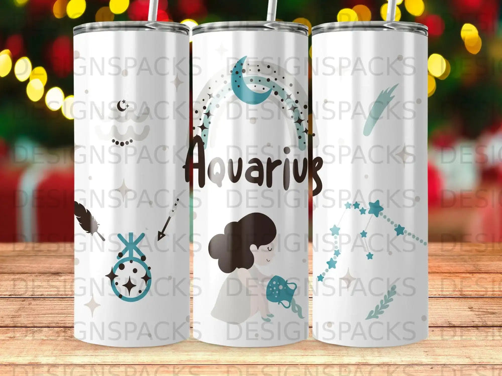 Tumbler with "Aquarius" text and astrological symbols.