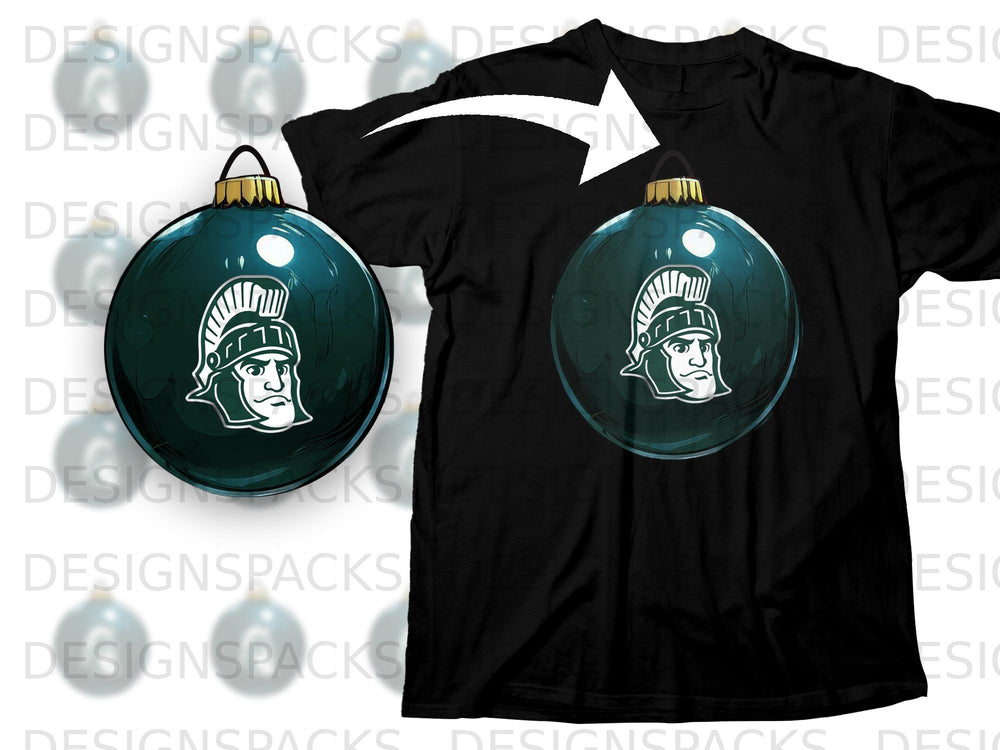 Black t-shirt featuring a green ornament with a Spartan helmet logo.
