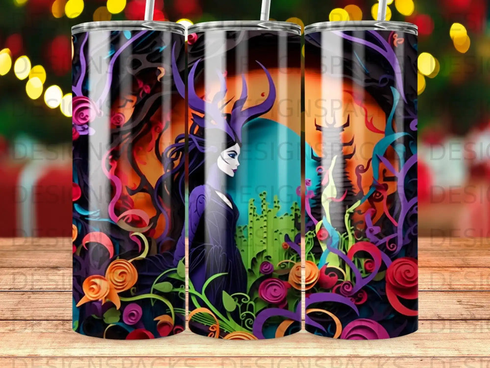 Purple tumbler with fantastical creature and floral designs.