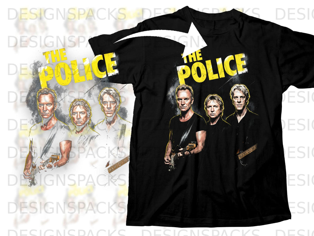 Black t-shirt featuring the band The Police with three members playing instruments.