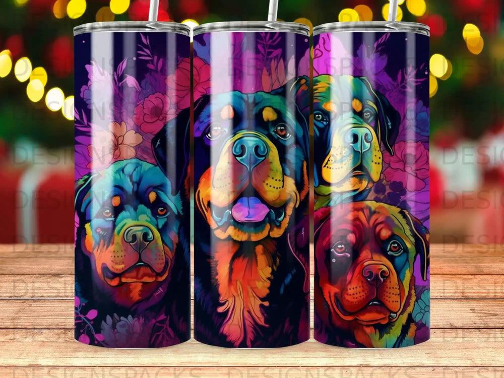 Four Rottweilers with colorful floral background on a tumbler.