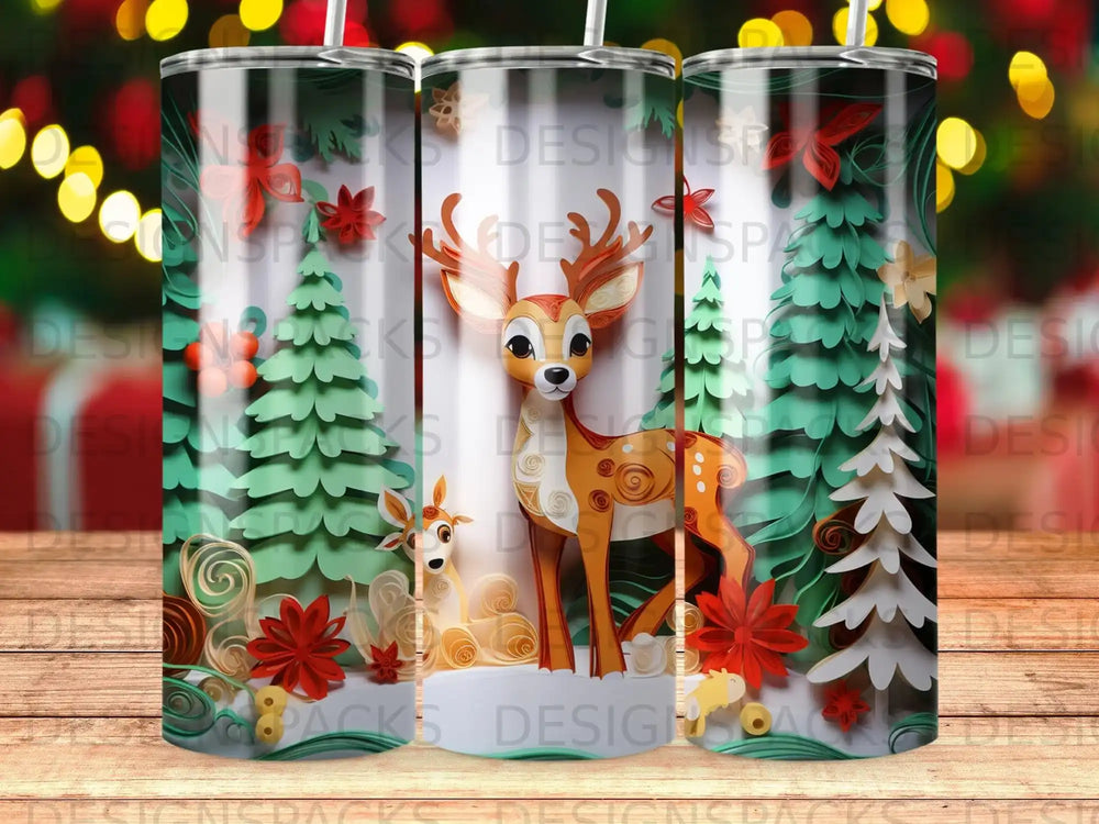 Wood grain background with a tumbler featuring a deer and festive holiday paper cutouts.