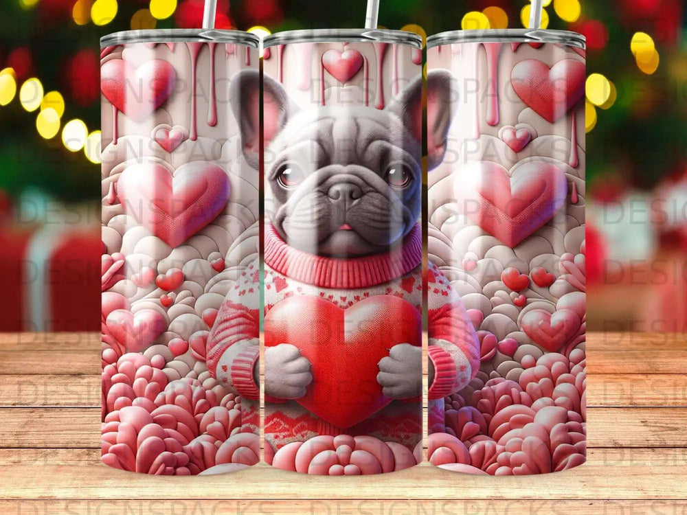 French bulldog wearing a sweater holds a red heart, surrounded by pink hearts.