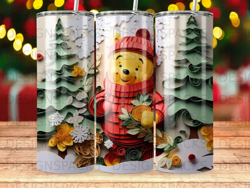 Winnie the Pooh in a red scarf holds a bouquet against a backdrop of papercraft trees.