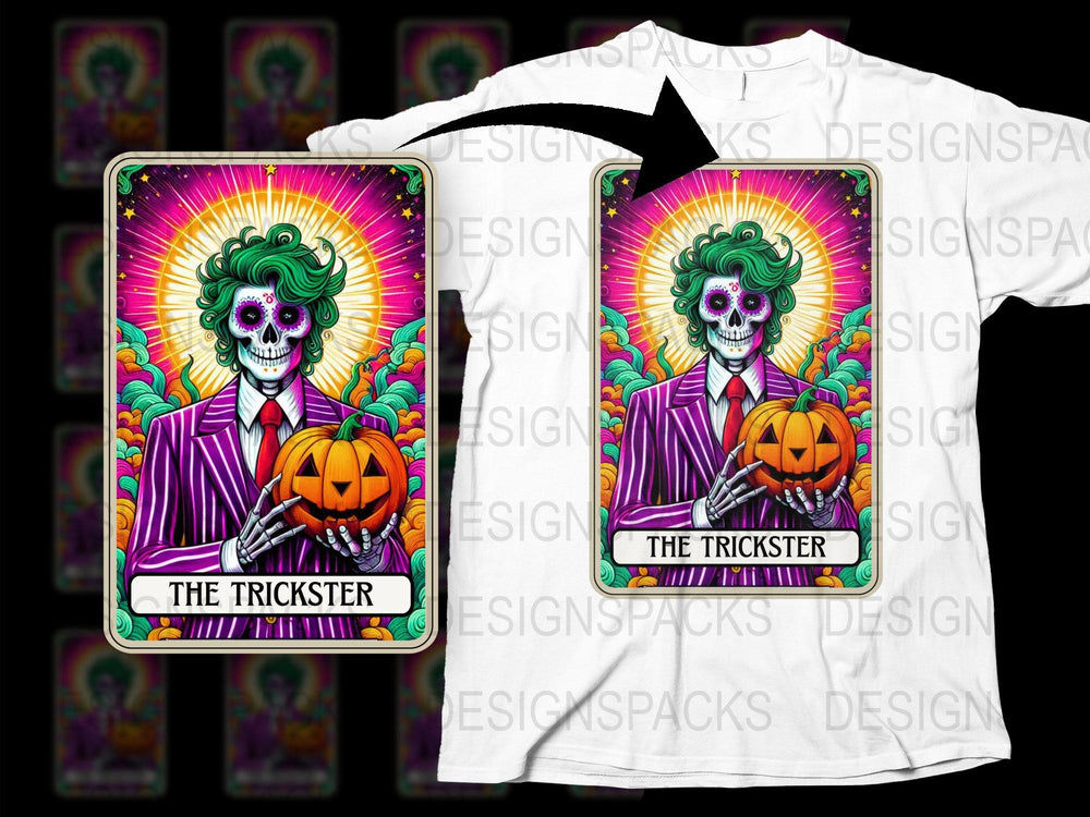 Trickster Tarot Card Halloween T-Shirt, Pumpkin Skeleton Graphic Tee, Colorful Spooky Apparel for All Ages
