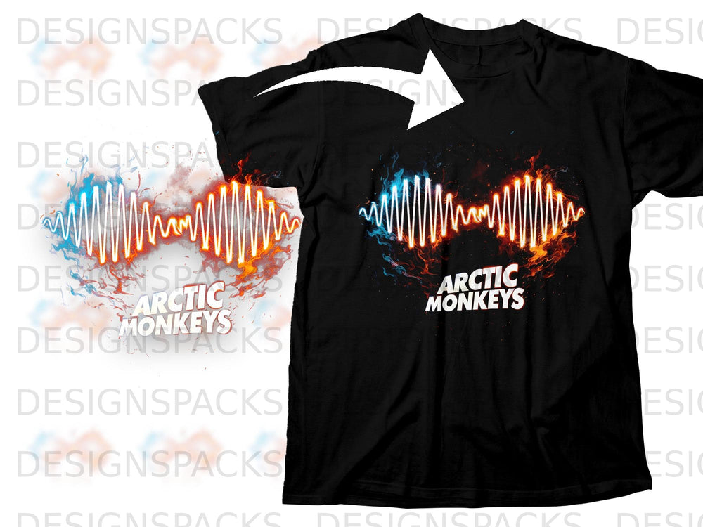 Black t-shirt with white Arctic Monkeys logo and fiery waveform graphic.
