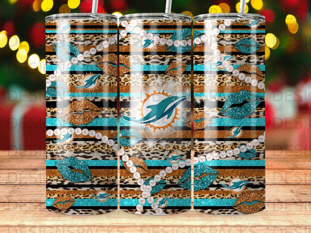 Miami Dolphins leopard print and lips tumbler with pearls and glitter.