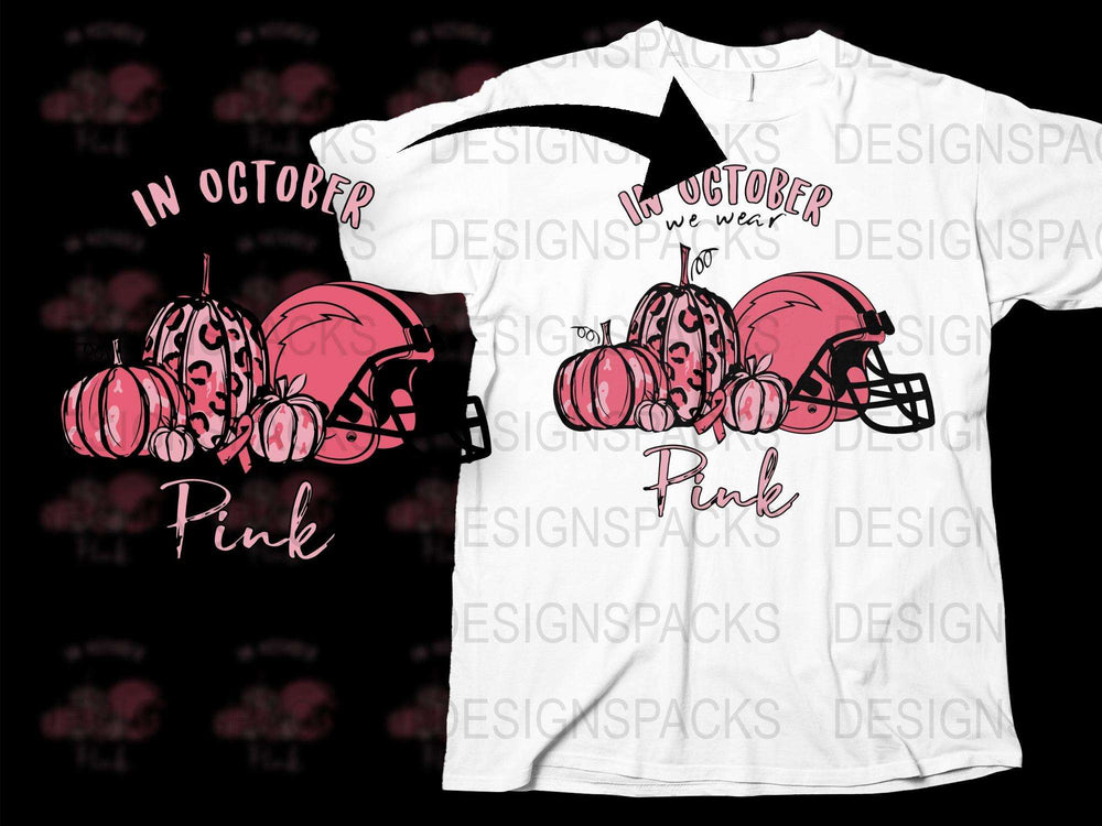 In October We Wear Pink T-Shirt, Breast Cancer Awareness, Pumpkin Football Design, Unisex Graphic Tee, Fall October Shirt