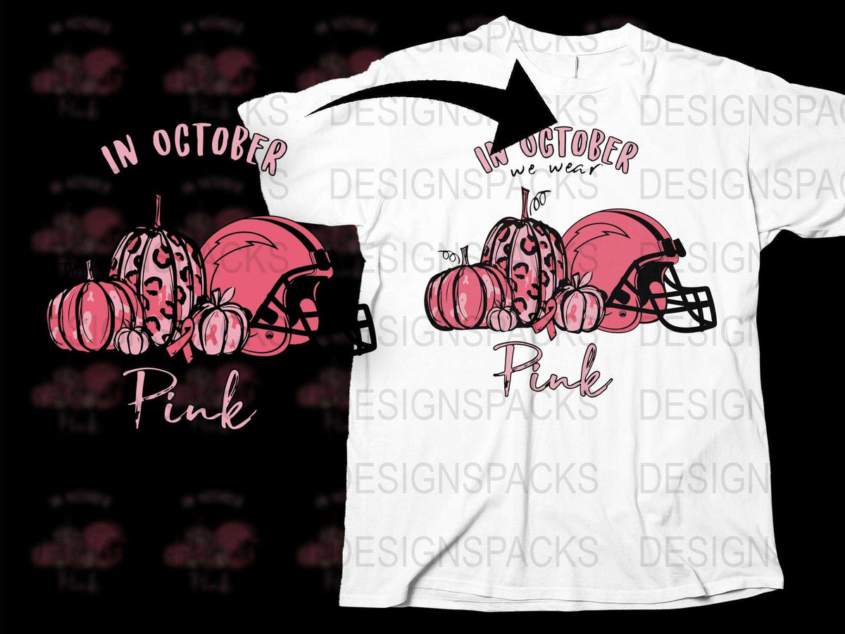 In October We Wear Pink T-Shirt, Breast Cancer Awareness, Pumpkin Football Design, Unisex Graphic Tee, Fall October Shirt