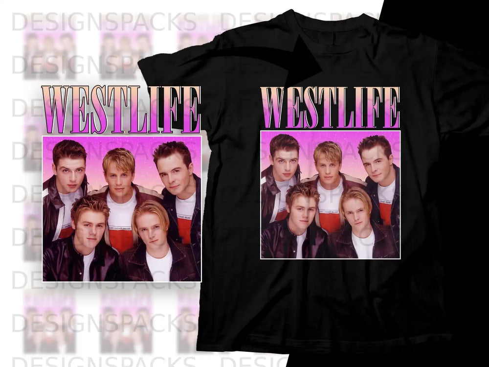 Westlife band members on black t-shirt with "WESTLIFE" text.