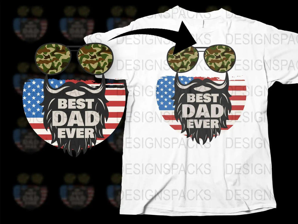 Best Dad Ever T-Shirt with American Flag and Camo Beard, Patriotic Father's Day Gift