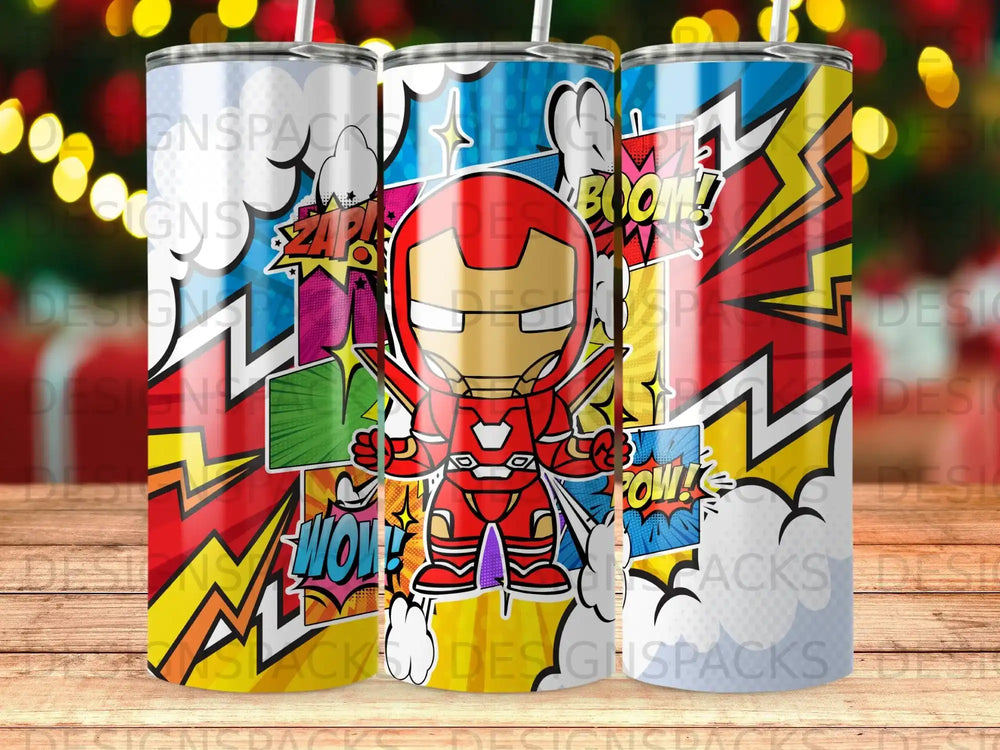 Red Iron Man superhero illustration on a tumbler with comic book style effects.
