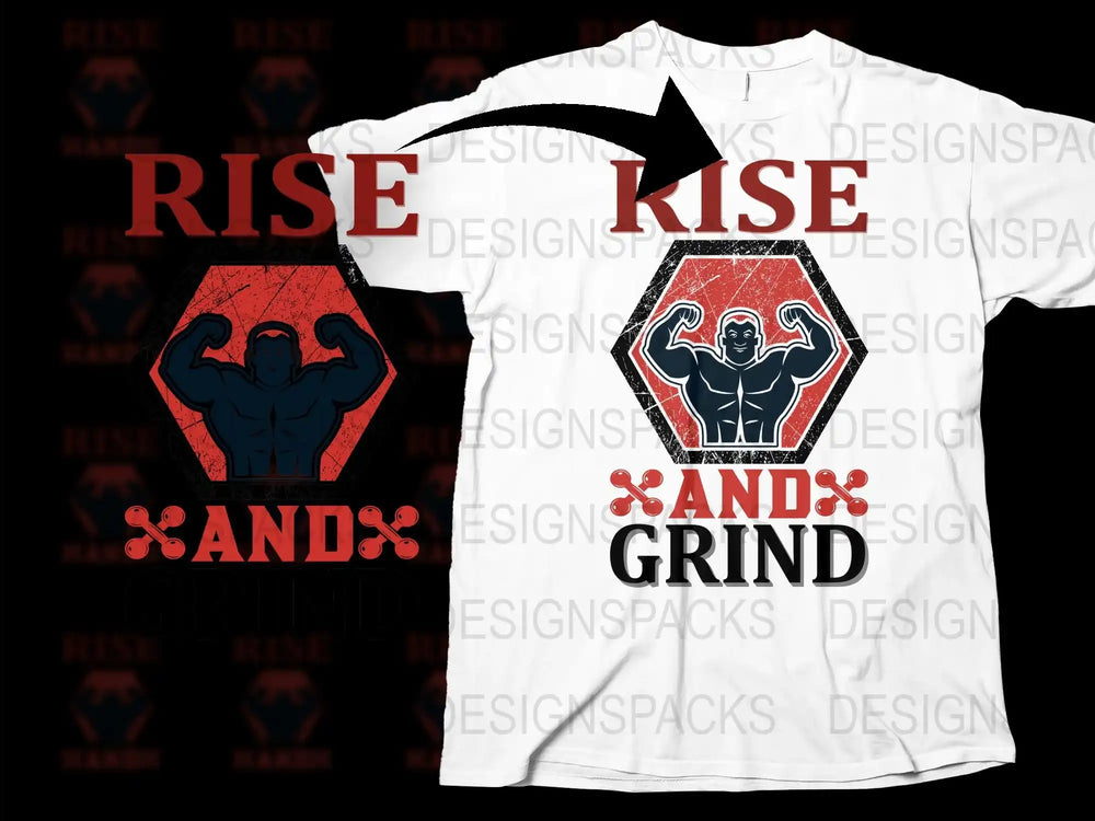 Rise and Grind Workout T-Shirt, Men's Fitness Motivation Tee, Gym Clothing, Bodybuilding Shirt, Athletic Apparel, Red and White Design