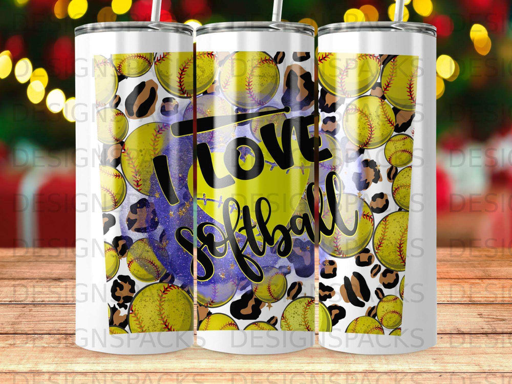 Tumbler with "I love softball" in purple glitter over leopard print and softball graphics.